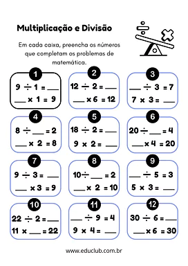 Atividade de multiplicação e divisão 2 ano para 2º Ano de Operações básicas, Matemática - Material educacional
